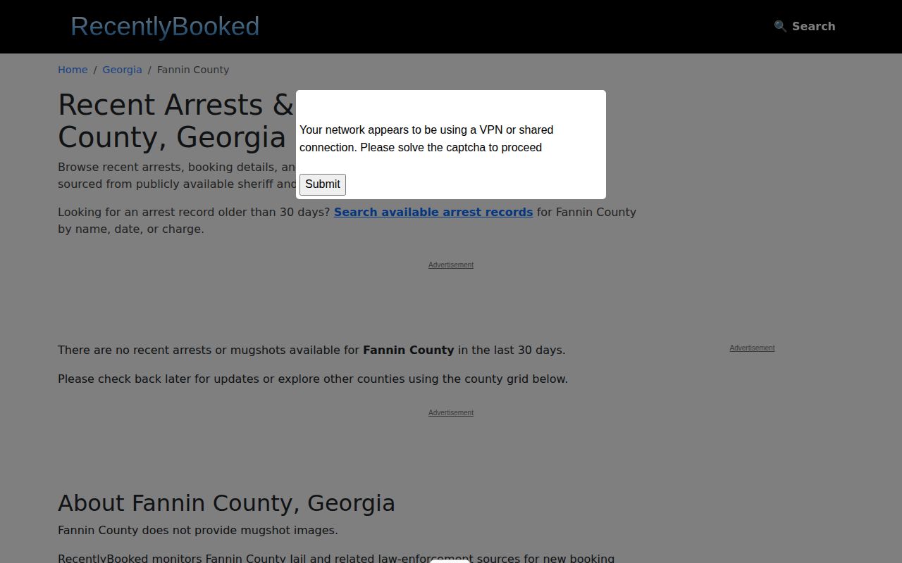 Unofficial RecentlyBooked Fannin County arrest category used only for secondary crime-news discovery
