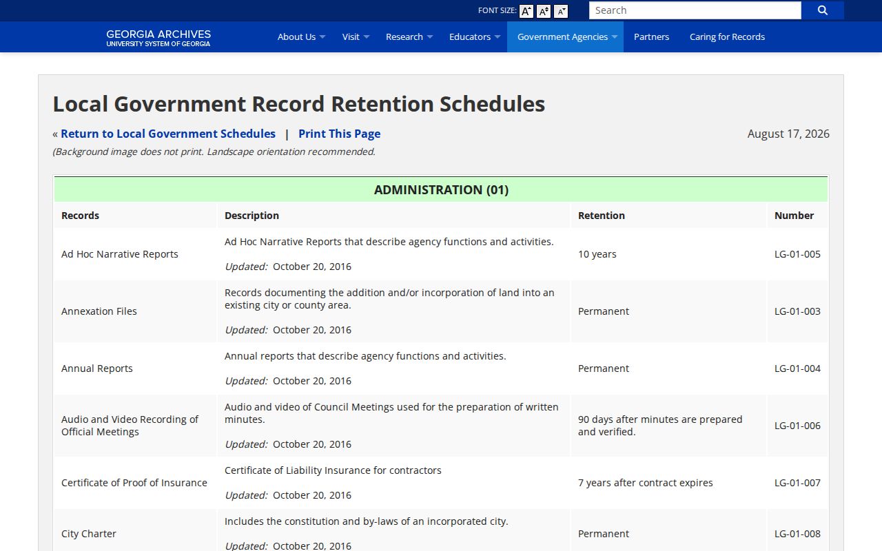 Georgia Archives local government retention schedule for Fannin County jail booking records